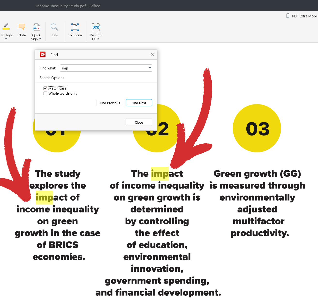 PDF Extra: match case search results example